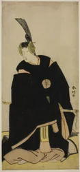 Skådespelaren Nakamura Tomijuro I som Taira no Masakado förklädd till Otomo no Kuronushi () eller Sugawara Micihizane () i pjäsen Shida Yuzuriha Horai Soga () eller Sugawara Denju Tenarai Kagami (), uppförd på Morita Theater () i första eller femte månaden