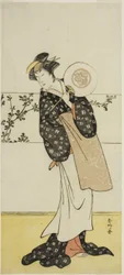 Skådespelaren Osagawa Tsuneyo II, möjligen som Misao Gozen, i pjäsen Chiyo no Hajime Ondo no Seto (Evighetens början: Ondosundet i Setos innanhav) (), uppförd på Kiri-teatern från den tjugosjunde dagen i den sjunde månaden 1785