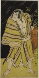 Skådespelaren Sakata Hangoro II som sumobrottaren Kujaku Saburo Narihira () i pjäsen Sugata no Hana Yuki no Kuronushi (), uppförd på Ichimura Theater () i den elfte månaden 1776 ()