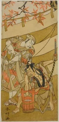 Skådespelarna Ichikawa Raizo II som Kojiro Masahira (t.h.) och Ichikawa Danzo IV som Doi no Yataro (t.v.), i pjäsen Kaomise Ama no Iwato, uppförd på Nakamura-teatern under den elfte månaden 1774