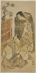 Skådespelarna Nakamura Nakazo I som Kagekiyo klädd som tiggare (höger), och Otani Hiroji III som Onio Shinzaemon (vänster), i pjäsen Kotobuki Banzei Soga, framförd på Ichimura-teatern under den tredje månaden 1783