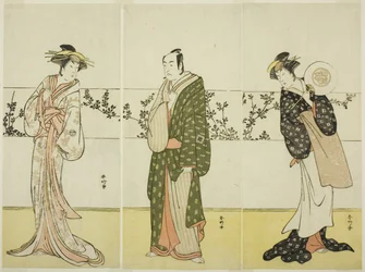 Skådespelarna Osagawa Tsuneyo II (höger), Ichikawa Monnosuke II (mitten) och Segawa Kikunojo III (vänster), möjligen som Misao Gozen, Matsuya Soshichi och hovdamen Kojoro från Hakata, i pjäsen Chiyo no Hajime Ondo no Seto (Evighetens början: The Ondo