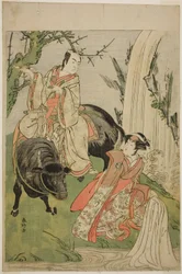 Skådespelarna Segawa Kikunojo III som prinsessan Hatsune (Hatsune Hime) (till höger), och Ichikawa Monnosuke II som Miyukinosuke Yukinari, i pjäsen Otokoyama Furisode Genji, uppförd på Kiri-teatern i den elfte månaden 1785
