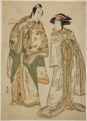 Skådespelarna Segawa Kikunojo III som kurtisanen Sumizome (höger) och Ichikawa Monnosuke II som Goinosuke Yoshimine (vänster), i pjäsen Juni-hitoe Komachi-zakura, uppförd på Kiri-teatern under den elfte månaden 1784