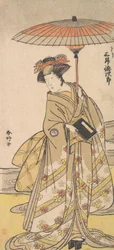 Mimasu Tokujuro som en kvinna som står nära en vindlande bäck, ca. 1780.