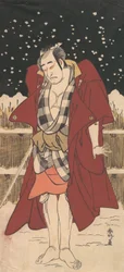 Onoe Matsusuke som man beväpnad med ett svärd, stående i snö framför ett staket, 1786.