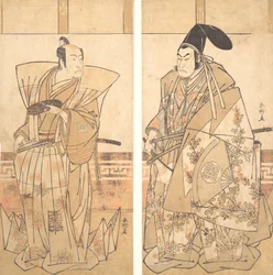 Två skådespelare klädda i ceremoniella kostymer, ca. 1787.