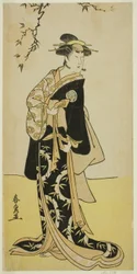 Skådespelaren Yamashita Mangiku I som Lady Yuya (Yuya Gozen) (?) i pjäsen Heike Hyobanki (?), framförd på Nakamura Theatre (?) i den sjunde månaden, 1789 (?)