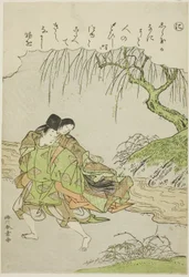"Ni": Akutagawa, från serien "Tales of Ise in Fashionable Brocade Pictures (Furyu nishiki-e Ise monogatari)", ca 1772-73 (träsnitt i färg; koban)