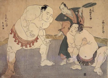 Onagawa Kisaburo och Tanikaze Kajinosuke framförde Shiriki i Dohyo, domslut av Kimura Shonosuke