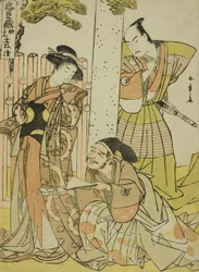 Scen vid Tsurugaoka Hachiman-helgedomen, från första akten av Chushingura (Skatkammaren för de fyrtiosju lojala behållarna), från serien Chushingura Juichimai-Tsuzuki (Set med elva ark som illustrerar Chushingura), ca. sent 1770-tal (trätryck i färg; chuba