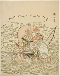 Taira no Atsumori Riding a Horse into the Sea, c.1770 (trätryck i färg; chuban)
