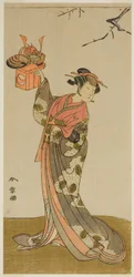 Skådespelaren Arashi Hinaji I som Hananoi i pjäsen Gosho-zakura Horikawa Youchi, framförd på Ichimura-teatern den fjärde månaden, 1773