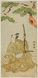 Skådespelaren Arashi Sangoro II som Sakura-maru i pjäsen Sugawara Denju Tenarai Kagami, framförd på Ichimura Theatre under den första månaden, 1772