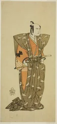 Skådespelaren Bando Mitsugoro I som Soga no Juro Sukenari (?) i pjäsen Shuen Soga Omugaeshi (?), framförd på Ichimura-teatern (?) under andra månaden, 1768 (?)