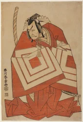 Skådespelaren Ichikawa Danjuro IV i en "Shibaraku"-roll, möjligen från pjäsen Ima o Sakari Suehiro Genji (Genjiklanen nu i zenit), uppförd på Nakamura-teatern från den första dagen i den elfte månaden 1768
