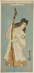 Skådespelaren Ichikawa Danjuro IV, möjligen som Tenjiku Tokubei i pjäsen "Tenjiku Tokubei Turns the Helm toward Home (Tenjiku Tokubei Kokyo no Torikaji)," spelade på Nakamura Theatre i den åttonde månaden, 1768