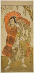 Skådespelaren Ichikawa Danjuro V som Akushichibye Kagekiyo förklädd till en tiggare, i pjäsen Tsukisenu Haru Hagoromo Soga, framförd på Ichimura-teatern under den tredje månaden, 1777