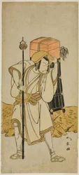 Skådespelaren Ichikawa Danjuro V som Moriya no Daijin förklädd till Rokuju-rokubu i pjäsen Miya-bashira Iwao no Butai, framförd på Morita Theatre i den sjunde månaden, 1773