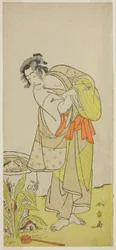 Skådespelaren Ichikawa Danjuro V som Soga no Dozaburo (?) i pjäsen Shida Yuzuriha Horai Soga (?), framförd på Morita Theatre (?) under den första månaden, 1775 (?)
