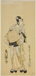 Skådespelaren Ichikawa Danjuro V som Soga no Goro förklädd till en Komuso i pjäsen Sakai-cho Soga Nendaiki, framförd på Nakamura Theatre under den första månaden, 1771