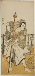 Skådespelaren Ichikawa Danjuro vs Taira no Masakado förklädd till pilgrimsjunjoen i pjäsen Masakado Kammuri no Hatsuyuki, som spelades på Nakamura Theatre under elfte månaden,