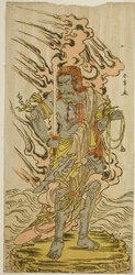 Skådespelaren Ichikawa Danjuro V som en stenbild av Fudo Myoo i pjäsen Kitekaeru Nishiki no Wakayaka, framförd på Nakamura Theatre under elfte månaden, 1780