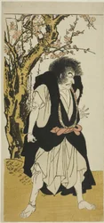 Skådespelaren Ichikawa Danjuro V som den renegade buddhistiska munken Wantetsu från Okamidani, i den femte scenen av pjäsdatumet Nishiki Tsui no Yumitori (A Dandyish Brocade: Opposing Warriors), framförd på Morita Theatre i den elfte månaden, 1778