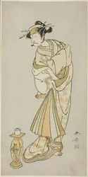 Skådespelaren Ichikawa Danjuro V som munken Seigens ande i Shosagoto-danssekvensen "Sono Utsushi-e Matsu ni Kaede" (En skuggbild av tall och lönn), den sista scenen i del två av pjäsen Keisei Momiji no Uchikake ( Courtesan i en Över-Kimono av
