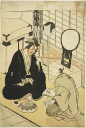 Skådespelaren Ichikawa Danjuro V i sitt omklädningsrum