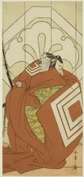 Skådespelaren Ichikawa Danjuro V i en "Shibaraku"-roll, troligen som Kato Hyoeisa Shigemitsu, i den tredje scenen av pjäsen Masakado Kammuri no Hatsuyuki (Den första snön på Taira no Masakados huvudbonad), uppförd på Nakamura-teatern under den elfte