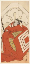 Skådespelaren Ichikawa Danjuro V i en "Shibaraku"-roll, troligen som Kato Hyoeisa Shigemitsu, i den tredje scenen av pjäsen Masakado Kammuri no Hatsuyuki (Den första snön på Taira no Masakados huvudbonad), uppförd på Nakamura-teatern under den elfte