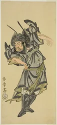Skådespelaren Ichikawa Danzo III som Shoki the Demon Queller i Play Date Moyo Kumo ni Inazuma, framförd på Morita Theatre i den tionde månaden, 1768