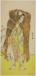 Skådespelaren Ichikawa Ebizo III som Akushichibye Kagekiyo förklädd till en tiggare i pjäsen Kamuri Kotoba Soga no Yukari, framförd på Ichimura-teatern under den första månaden, 1776