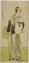 Skådespelaren Ichikawa Ebizo som Kudo Suketsune förklädd till en Komuso i pjäsen Waka Murasaki Edokko Soga, framförd på Ichimura Theatre under den första månaden, 1792