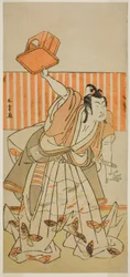 Skådespelaren Ichikawa Monnosuke II som Ageha no Chokichi förklädd till Soga no Goro Tokimune i pjäsen Kaido Ichi Yawaragi Soga, framförd på Nakamura Theatre under den tredje månaden, 1778
