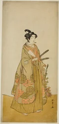 Skådespelaren Ichikawa Monnosuke II som Kichisaburo, Temple Page of Kichijo-ji, i pjäsen Sono Kyodai Fuji no Sugatami, framförd på Morita Theatre i den andra månaden, 1776