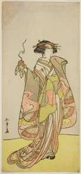 Skådespelaren Ichikawa Monnosuke II som kurtisan Kewaizaka no Shosho i pjäsen Sono Kyodai Fuji no Sugatami, framförd på Morita Theatre under den första månaden, 1776
