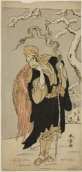 Skådespelaren Ichimura Uzaemon IX som Aza-maru i pjäsen Yui Kanoko Date-zome Soga, framförd på Ichimura Theatre under den första månaden, 1774