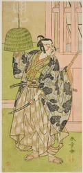 Skådespelaren Ichimura Uzaemon IX som Fuwa Banzaemon i pjäsen Keisei Nagoya Obi, framförd på Ichimura-teatern den åttonde månaden, 1771
