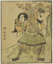 Skådespelaren Ichimura Uzaemon IX som Kajiwara Genta no Kagetoki (?), i pjäsen Myoto-giku Izu no Kisewata, framförd på Nakamura Theatre i den elfte månaden, 1770