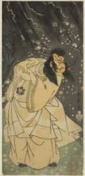 Skådespelaren Ichimura Uzaemon IX som Kan Shojo i pjäsen Sugawara Denju Tenarai Kagami, framförd på Ichimura Theatre i den åttonde månaden, 1768