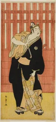 Skådespelaren Ichimura Uzaemon IX som Soga no Goro Tokimune förklädd till Agemaki no Sukeroku i pjäsen Sukeroku Yukari no Edo-zakura, framförd på Ichimura-teatern den femte månaden, 1782