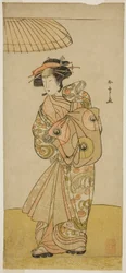 Skådespelaren Ikushima Daikichi III som kurtisan Naniwazu i pjäsen Saki Masuya Ume no Kachidoki, framförd på Ichimura-teatern under den elfte månaden, 1777