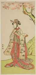 Skådespelaren Iwai Hanshiro IV som prinsessan Sakura (Sakura Hime) i pjäsen Wada Sakamori Eiga Kagami, framförd på Nakamura Theatre under den tredje månaden, 1773