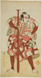 Skådespelaren Kasaya Matakuro II som båtsmannen Rokuzo i en oidentifierad pjäs, framförd på Morita Theatre i den femte månaden, 1770