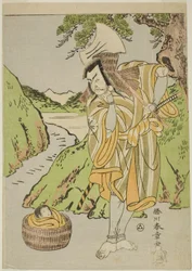 Skådespelaren Matsumoto Koshiro II som Osada no Taro Kagemune förklädd som vedhuggaren Gankutsu no Gorozo, i fjärde akten (?) av pjäsen Nue no Mori Ichiyo no Mato (Nue-monstrets skog: Elfte månadens mål), framförd på Nakamura Theatre från