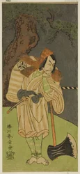 Skådespelaren Matsumoto Koshiro II som Osada no Taro Kagemune förklädd till skogshuggaren Gankutsu no Gorozo i pjäsen Nue no Mori Ichiyo no Mato, framförd på Nakamura-teatern den elfte månaden, 1770
