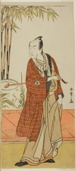 Skådespelaren Matsumoto Koshiro IV som Honcho-maru Tsunagoro (?) i pjäsen Hono Nitta Daimyojin (?), framförd på Morita Theatre (?) i den sjunde månaden, 1777 (?)