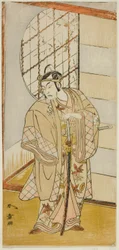 Skådespelaren Matsumoto Koshiro IV som Matsuo-maru i pjäsen Sugawara Denju Tenarai Kagami, framförd på Nakamura Theatre under den nionde månaden, 1773